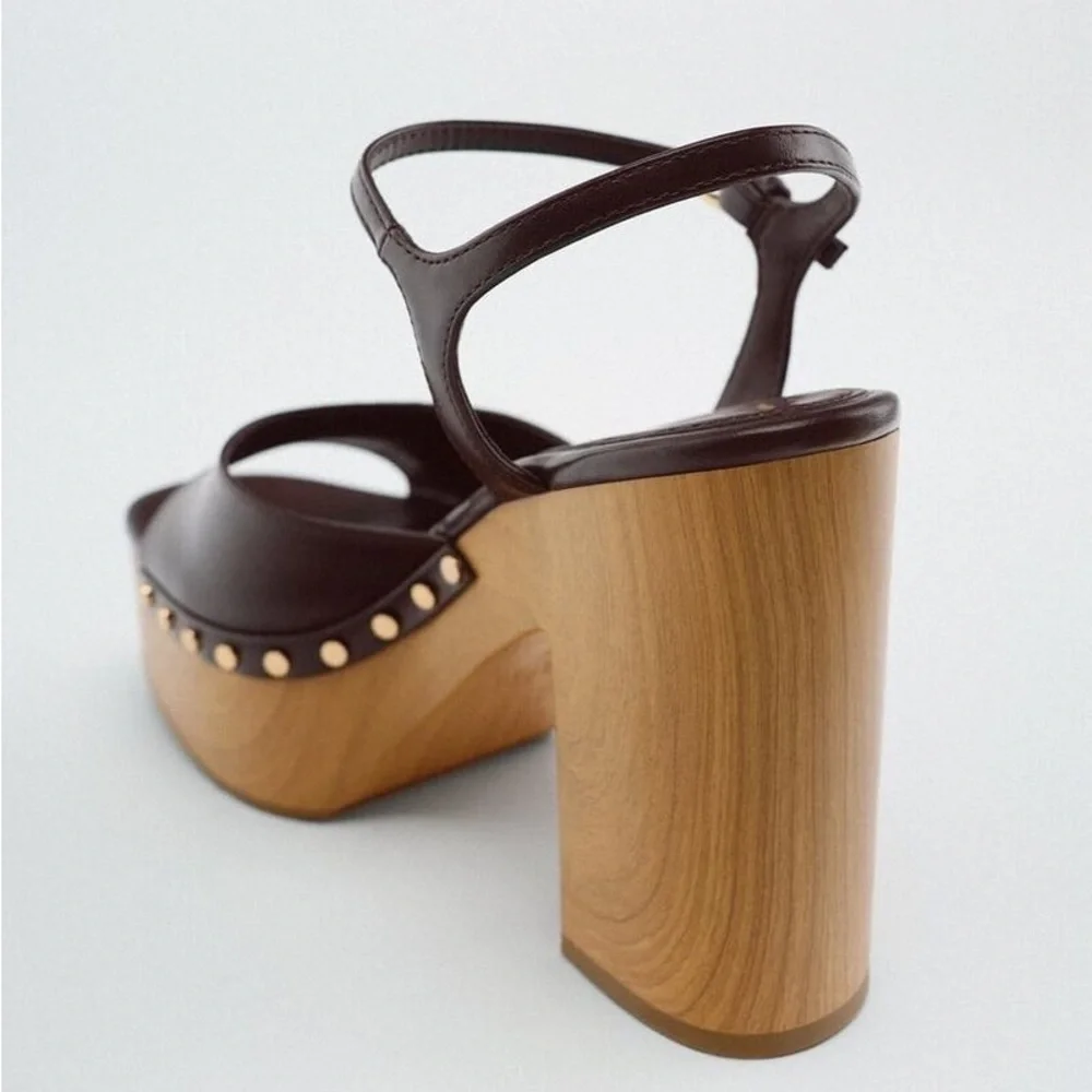 NWOT. Zara Brown Chunky Thick Heel Sandals. Size 9/EU 40.